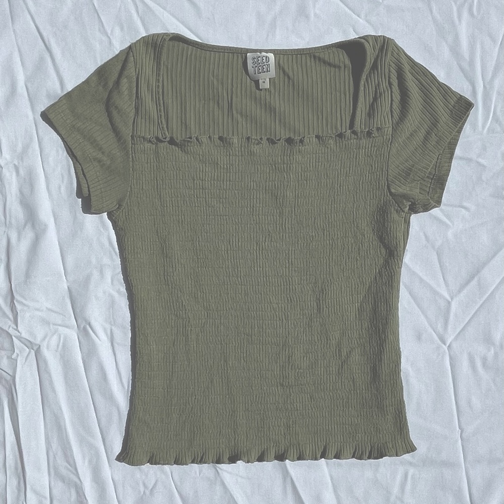 Girls Olive-Green Fitted, Ribbed Top